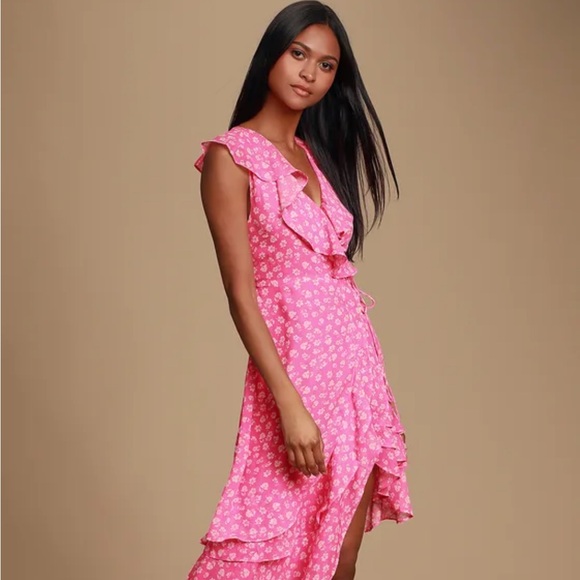 Lulu’s Pink Floral Cornelia Wrap Ruffled Midi Dress S - Picture 3 of 6